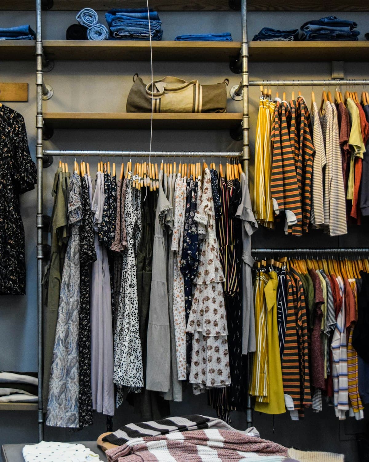 A boutique interior with a rail of printed dresses